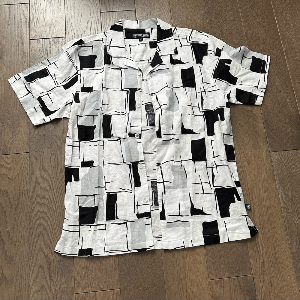 Stacy Adams Black and White Abstract Men's Shirt Linen Cotton Blend Size M
